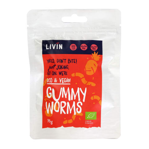 Ekol. rūg. guminukai LIVIN GUMMY WORMS, 75 g