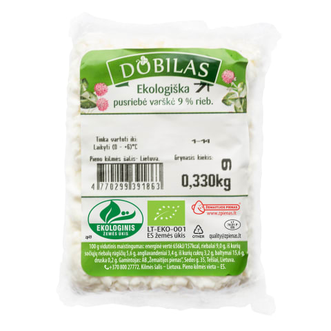 Ekol. pusrieb. varškė DOBILAS, 9% rieb., 330g