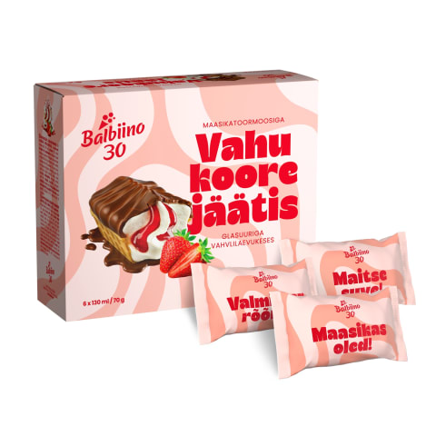 Vahukoorejäätis maasikatoormoosi ja glasuuriga vahvlilaevukeses Balbiino 6x130ml/70g