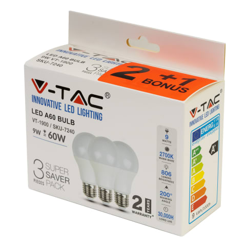 2+1 SPULDZES VT 1900 E27/A60 806LM/9W/3K
