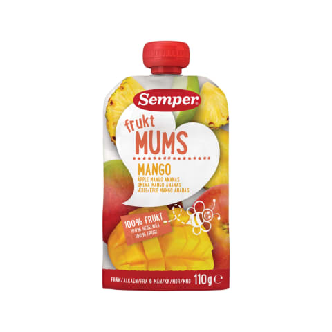 Fruktmums puuviljapüree pirni, baani, mango 6+, SEMPER, 110 g