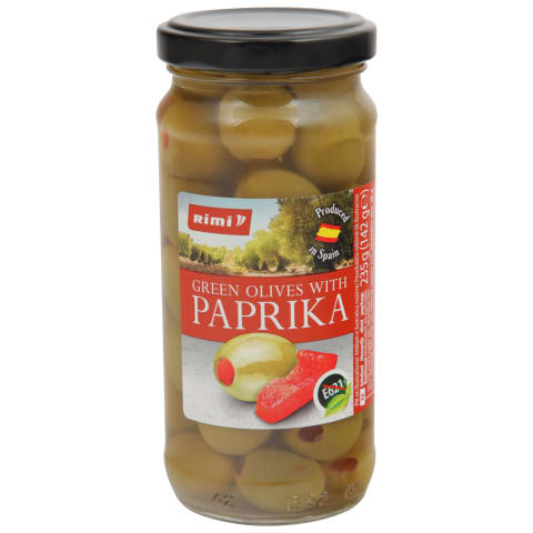 Zaļās olīvas Rimi ar papriku 235g/142g