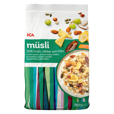 Müsli 50% puuvilju ja pähkleid ICA 750g