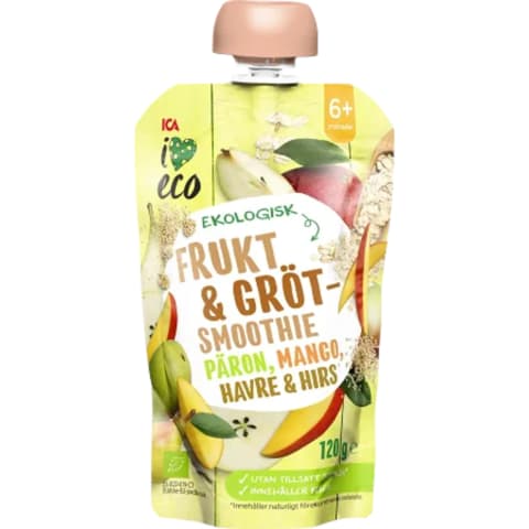 Püree puuvilja ja teraviljadega I Love Eco pirn, mango, kaer ja hirss,alates 6 kuust 120g