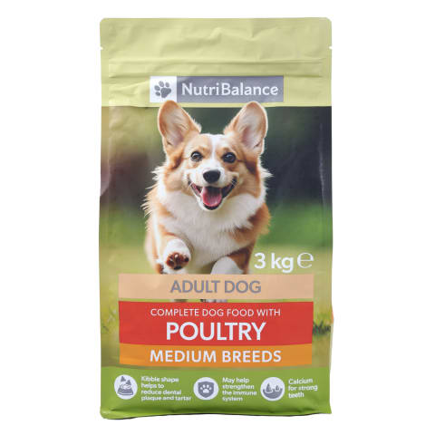 Kuiv täissööt keskmise suurusega täiskasvanud koertele, linnulihaga Nutribalance 3kg