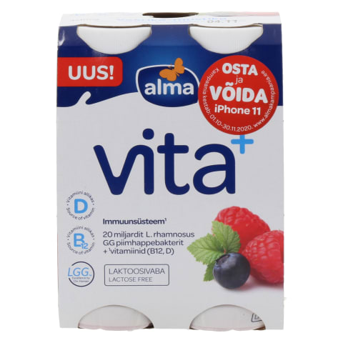 Jogurtijook Vita+ vaarika-mustika laktoosivaba 4x100g, ALMA, 400g