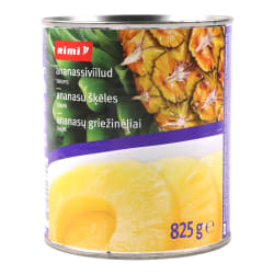 Konservuotų ananasų griežinėliai sirupe RIMI, 825 g / 490 g