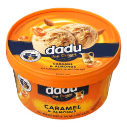 Karamelės skonio grietininiai valgomieji ledai su karamelės įdaru ir kepintais migdolais DADU, 800 ml / 452 g