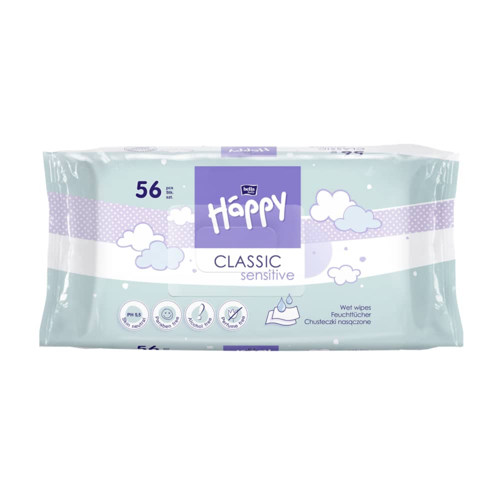 Mitrās salvetes Happy Classic Sensitive 56gab