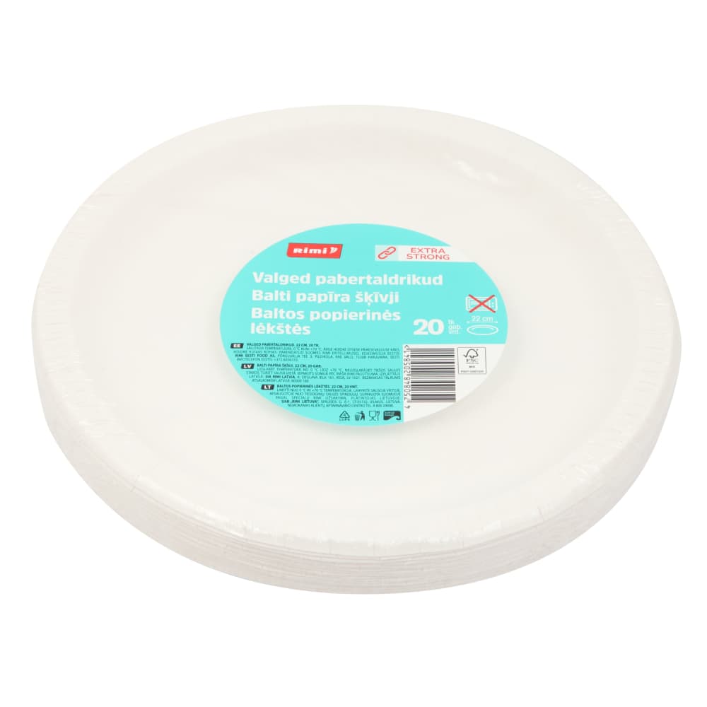 Papīra šķīvji RIMI Ø22cm balti 20gb