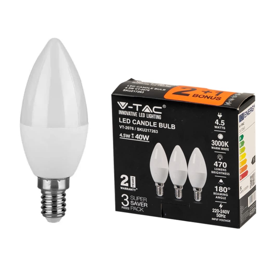 LED spuldze VT2076 2+1, E14/B35, 4.5W/3K
