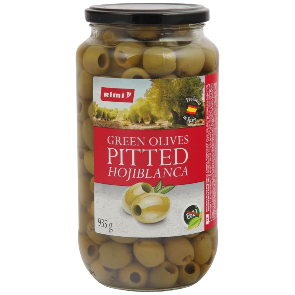Zaļās olīvas Rimi bez kauliņiem 935g/455g
