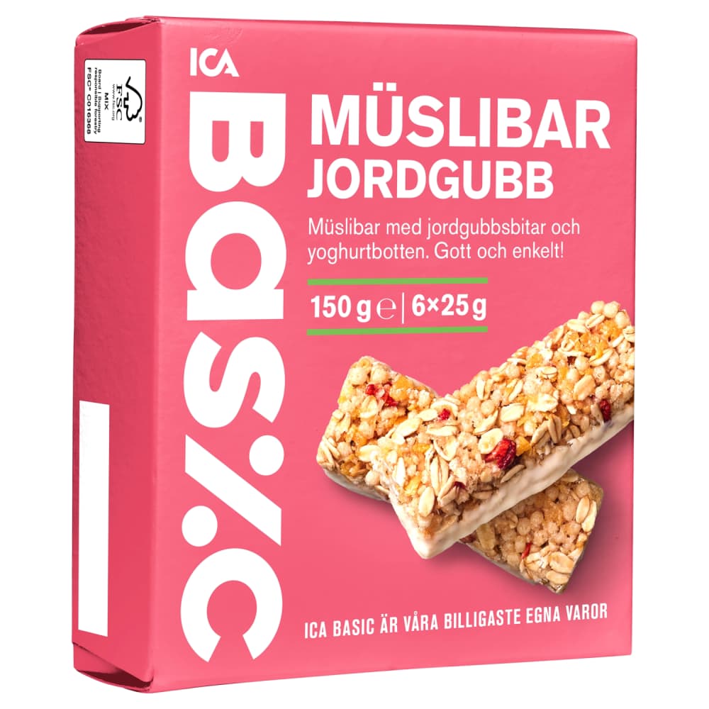 Musli bat. ICA Basic ar zemenēm 6x25g, 150g