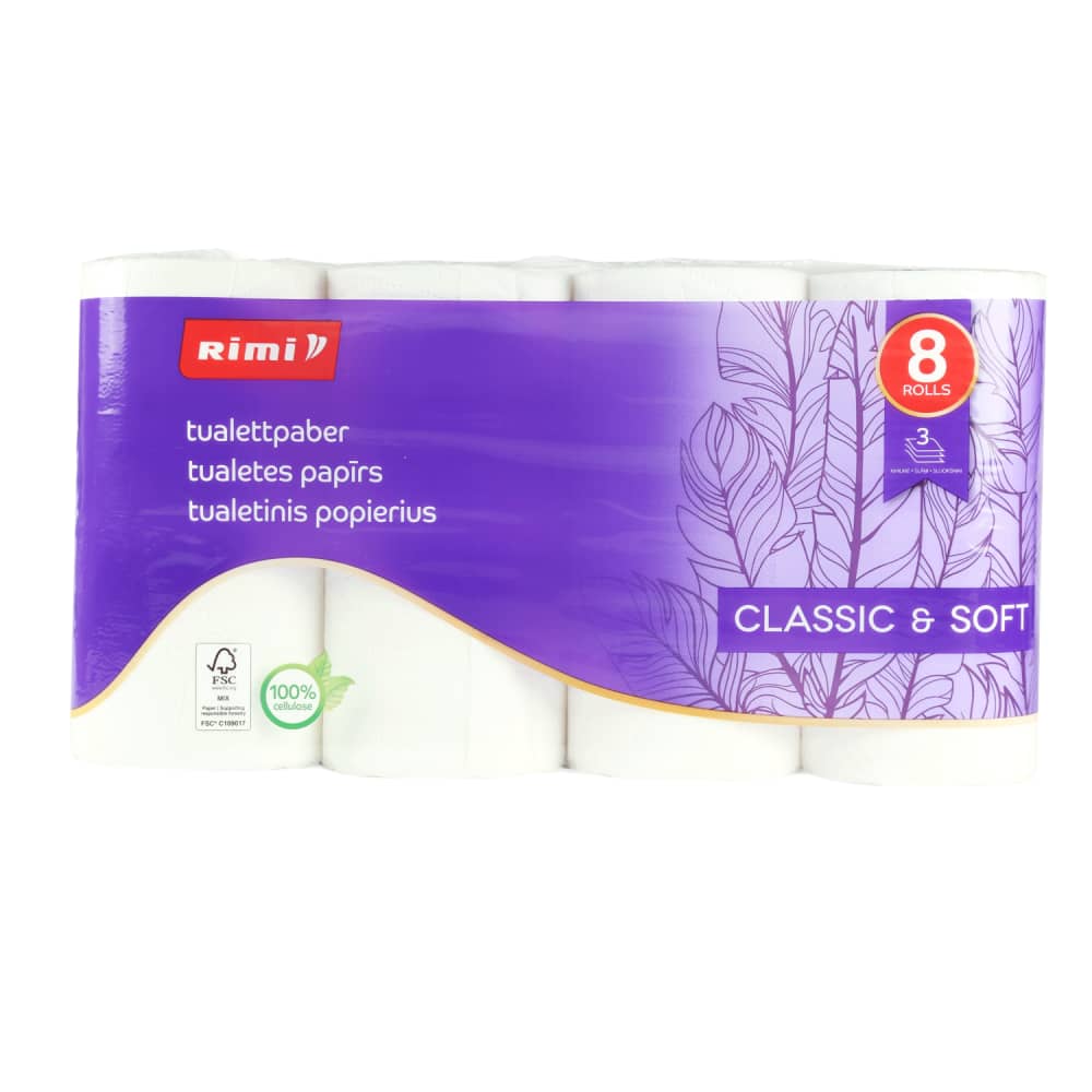 Tual. pap. Rimi 145 sloksnes,3 slāņi, 8 ruļļi