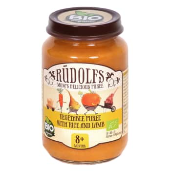 Biezenis RŪDOLFS BIO dārzeņi-rīsi-jēra gaļa 8+ 190g