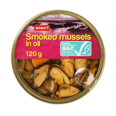 Rūkytos midijos aliejuje RIMI, 120 g/72 g ASC