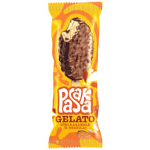 Valgomieji karameliniai grietininiai ledai PASAKA GELATO, su sūrios karamelės įdaru ir pieninio šokolado skonio glaistu su migdolais, 102 ml / 82 g