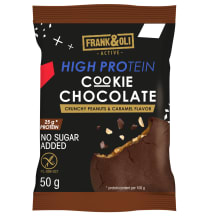 Šokoladinis, traškus žemės riešutų ir karamelės sausainis FRANK & OLI, su saldikliu, 50 g