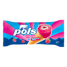 Grietininiai vaniliniai valgomieji ledai POLS su aviečių įdaru ir aviečių glaistu vafliniame kūgyje, 150 ml / 90 g