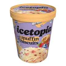 Kekso skonio grietininiai valgomieji ledai su miško uogų įdaru ir sausainių trupiniais su miško uogomis ICETOPIA, 400 ml / 310 g