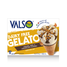 Veganiški sūrios karamelės valgomieji ledai be gliuteno vafliniuose rageliuose VALSOIA, 300 g / 468 ml