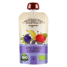Ekologiška obuolių, bananų ir mėlynių tyrelė RŪDOLFS, nuo 4 mėn, 110 g