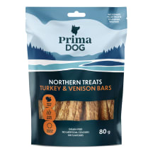 Šiaurės skanukai PRIMA DOG kalakutienos ir stirnienos juostos, 80 g