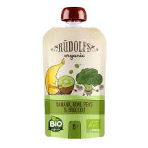 Ekologiška bananų, kivių, žaliųjų žirnelių ir brokolių tyrė RŪDOLFS, 6 mėn.+, 110 g