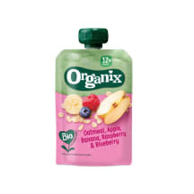 Ekologiška avižų košė ORGANIX, su obuoliais, bananais, avietėmis ir mėlynėmis, 12 mėn. 100 g