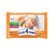 Aukščiausios kokybės šlapias kačių ėdalas su vištiena, antiena ir jautiena CLUB 4 PAWS, 4 x 85 g