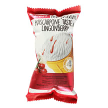 Maskarponės skonio grietininiai valgomieji ledai su bruknių įdaru vafliniame indelyje RIMI, 120 ml / 70 g