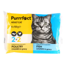Kačių ėdalas su žuvimi ir paukštiena padaže PURRRFECT, 4 x 100 g