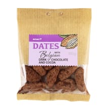 Datulės su juoduoju belgišku šokoladu RIMI, 100 g