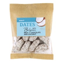 Datulės su belgišku pieniniu šokoladu ir kokosu RIMI, 100 g