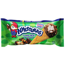 Vaniliniai grietininiai valgomieji ledai vafliniame ragelyje su pieninio šokolado skonio glaistu ir migdolais NYKŠTUKAS, 150 ml / 90 g