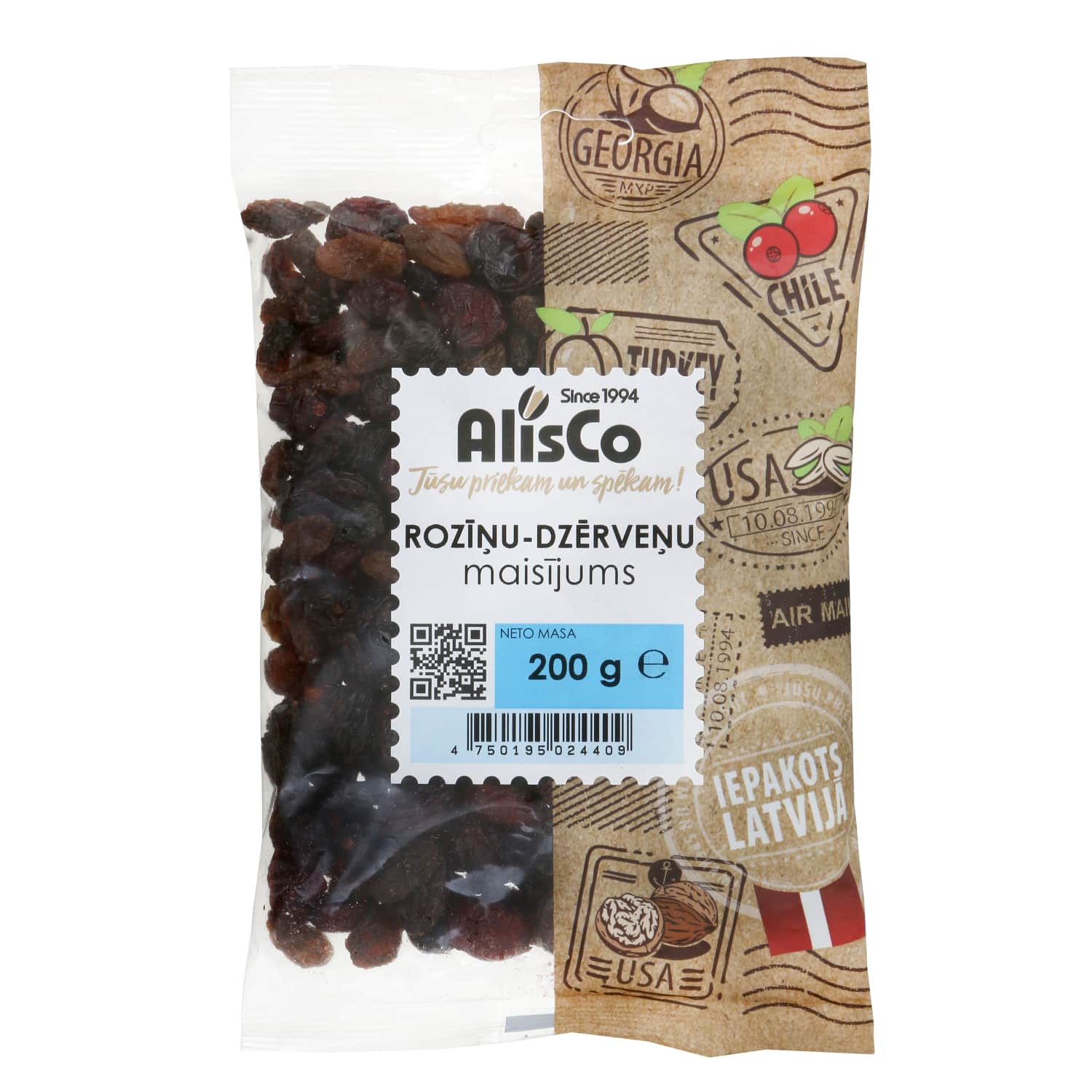 Žāvētu dzērveņu - rozīņu mais. Alis Co 200g