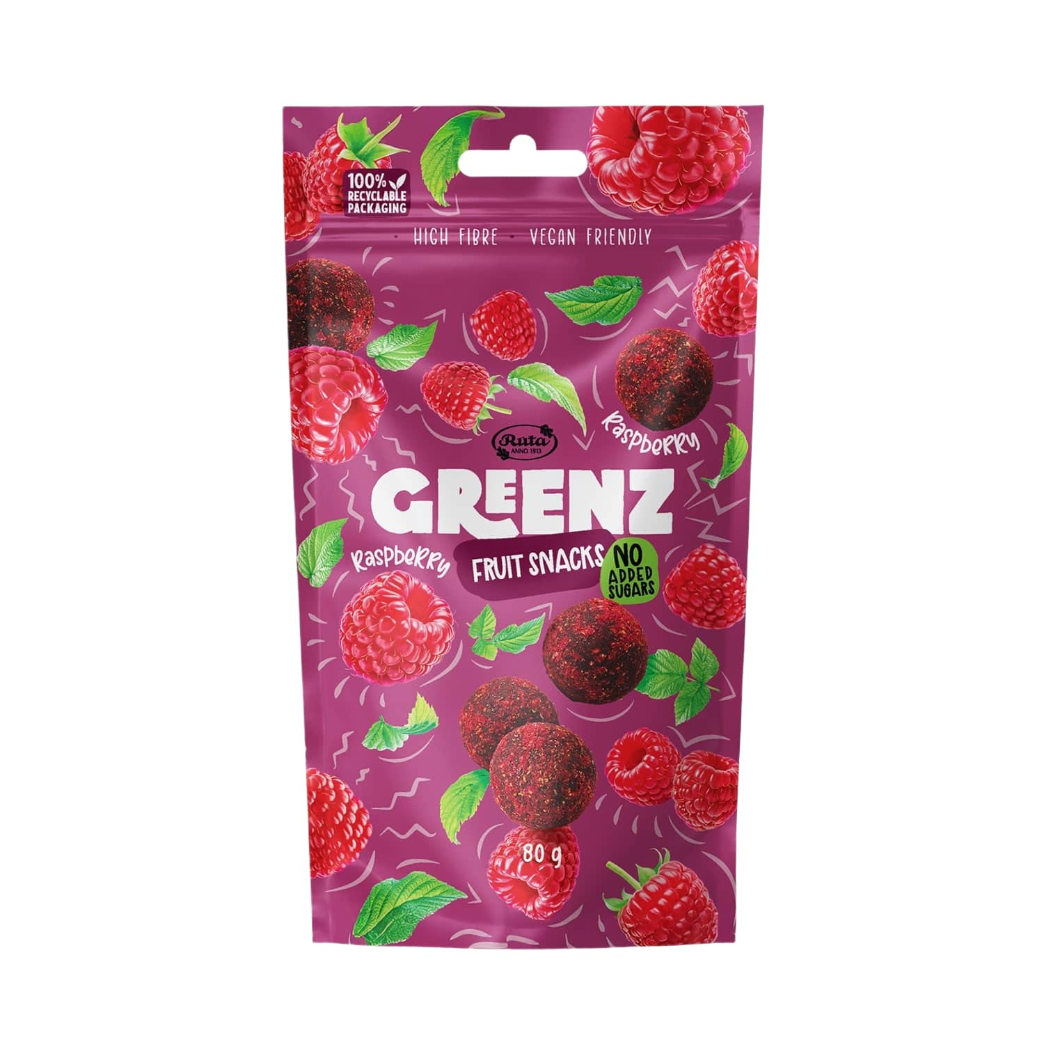 Vaisių užkandžiai GREENZ RASPBERRY, 80 g