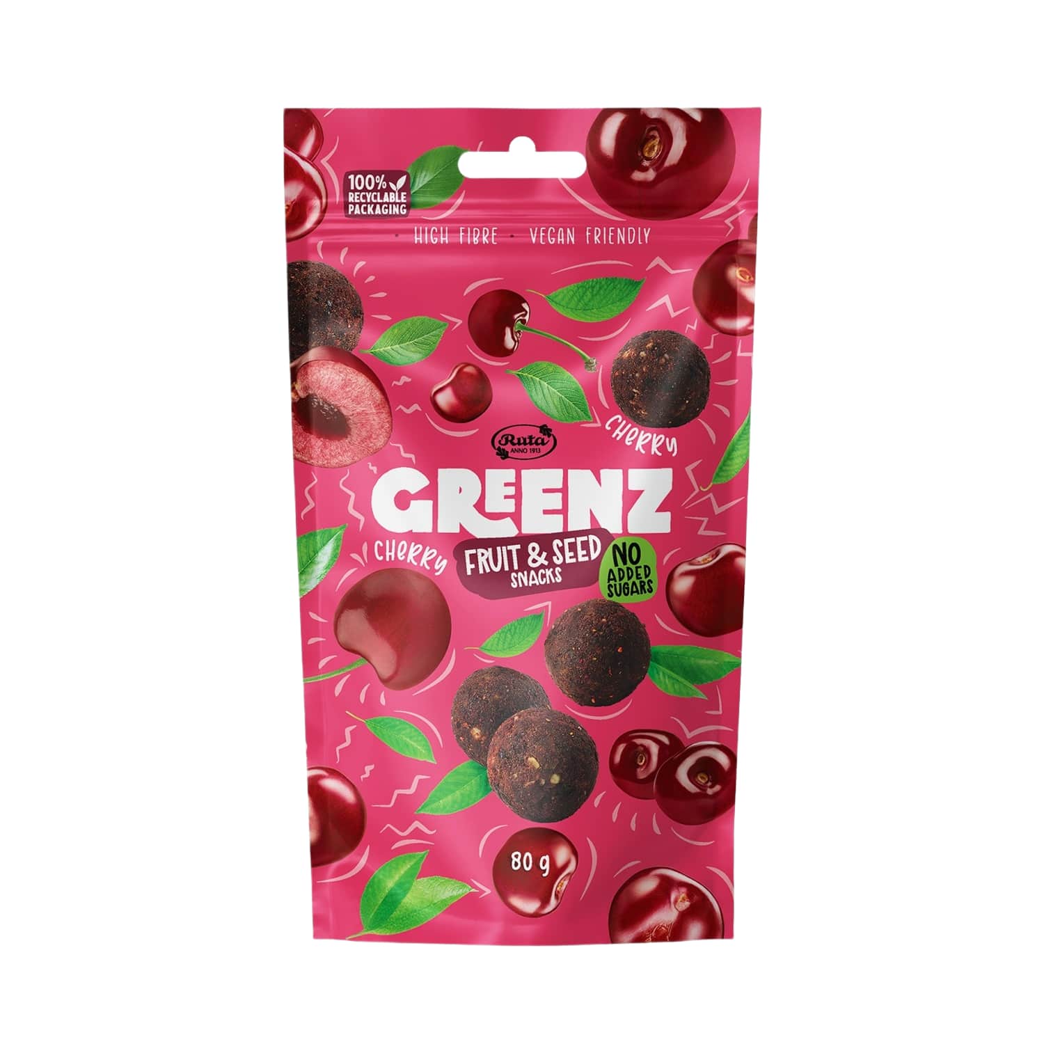 Vaisių ir sėklų užkand. GREENZ CHERRY, 80 g