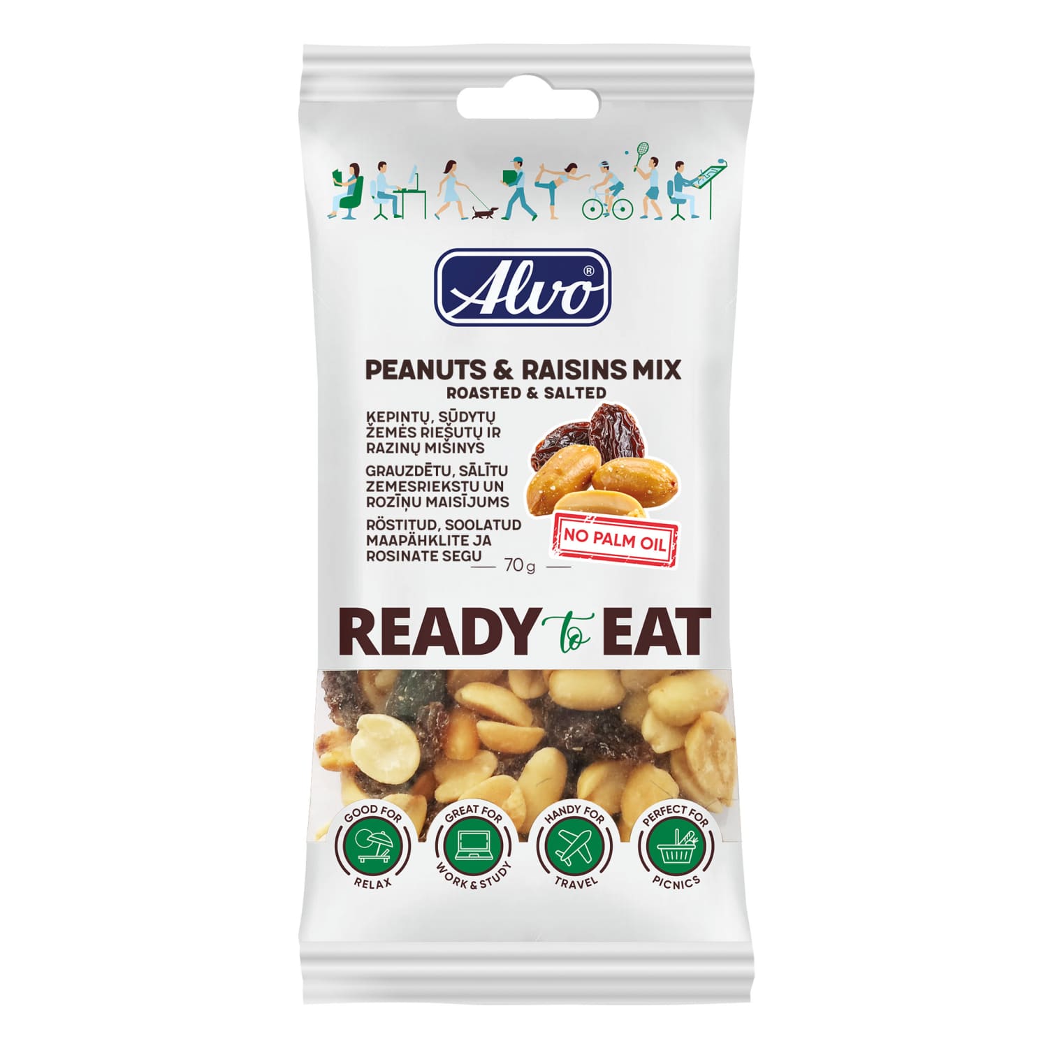 Maapähkli- ja rosinasegu röstiud Alvo 70g