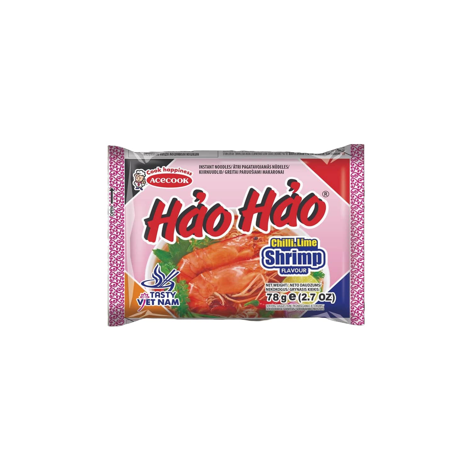 Nūdeles Hao Hao garneļu, čili laima garša 78g