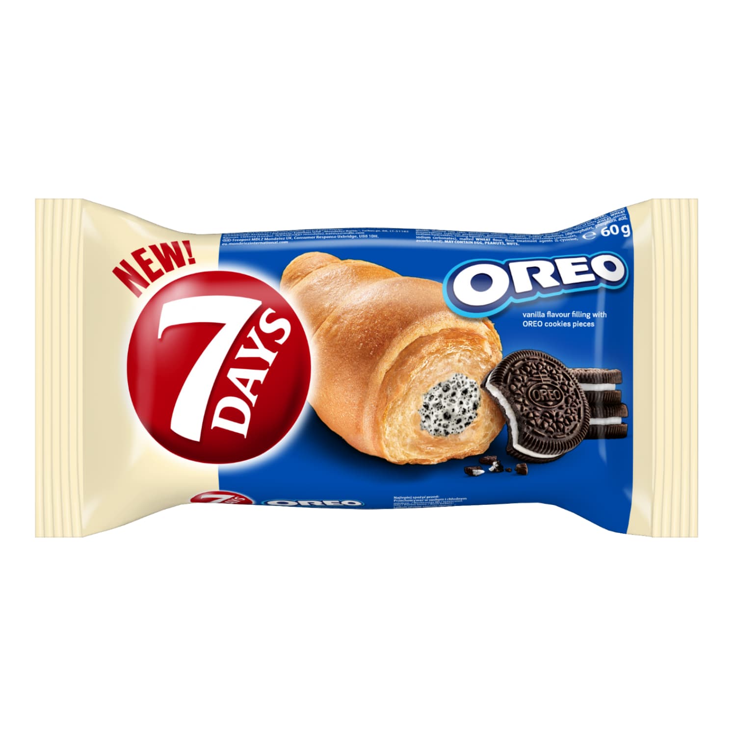 Kruasāns 7Days ar vaniļas garšas pildījumu un kakao cepumu gabaliņiem 60g