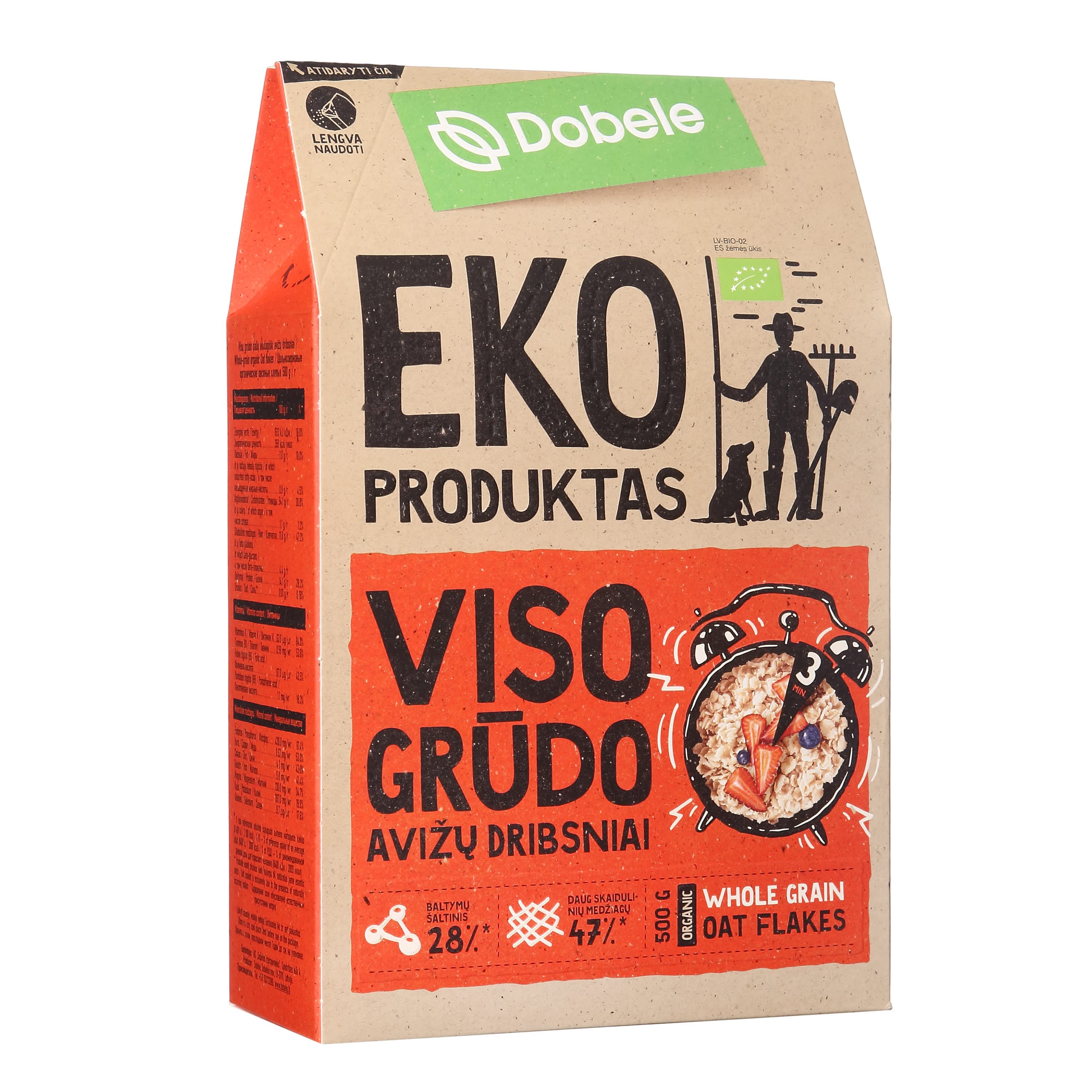 Ekol. pilno grūdo avižų dribsn. DOBELE, 500 g