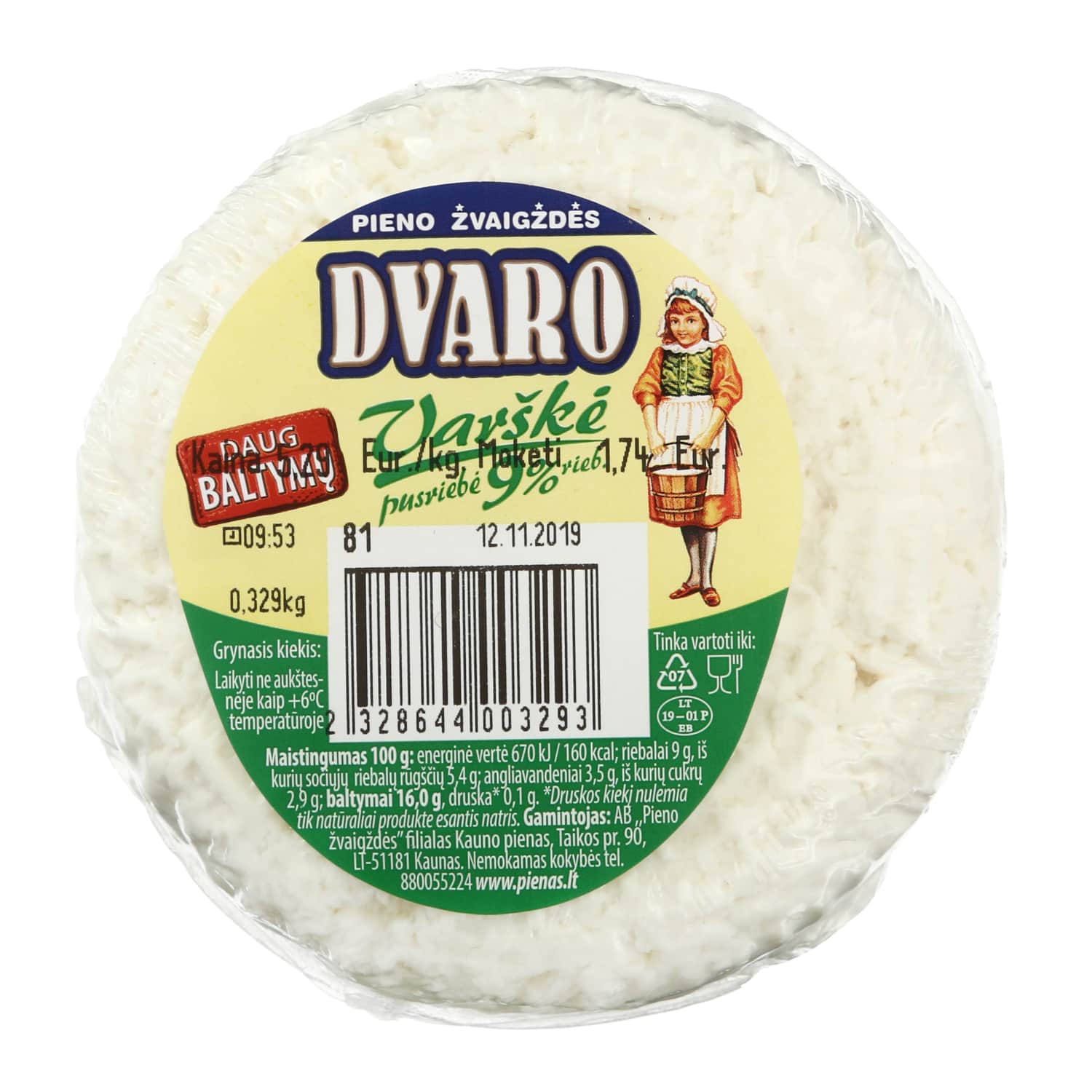 DVARO varškė, 9 % rieb., 1 kg