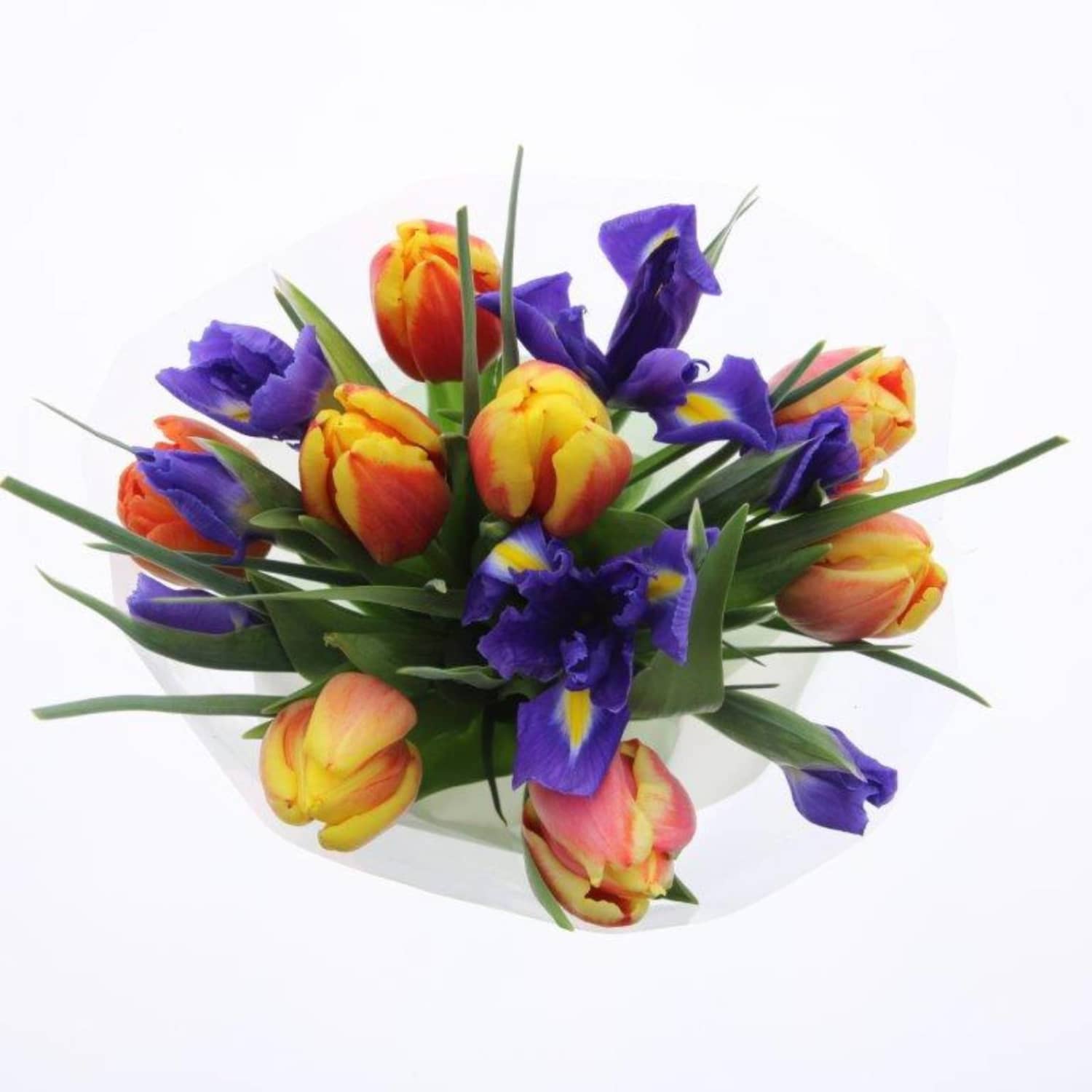 Irisų - tulpių puokštė, 15vnt