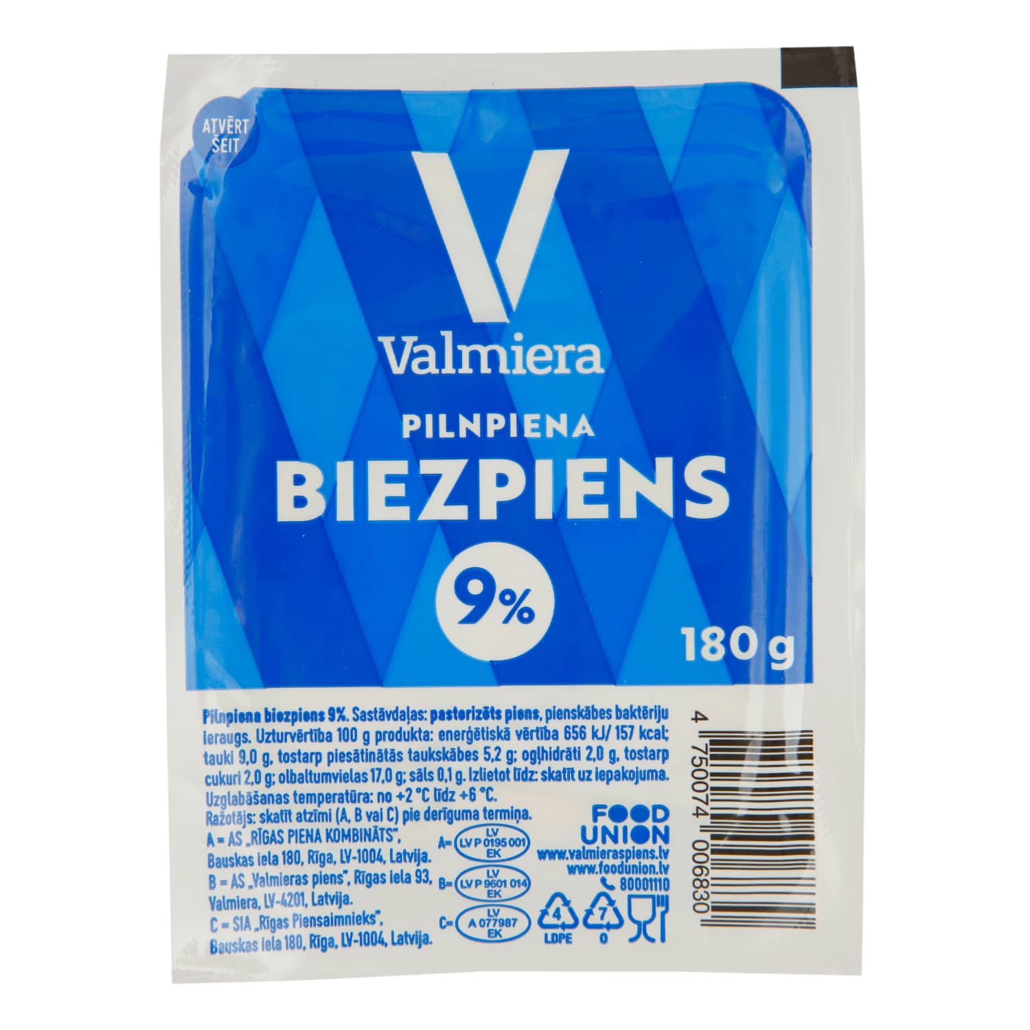 Pilnpiena biezpiens Valmiera 9% 180g