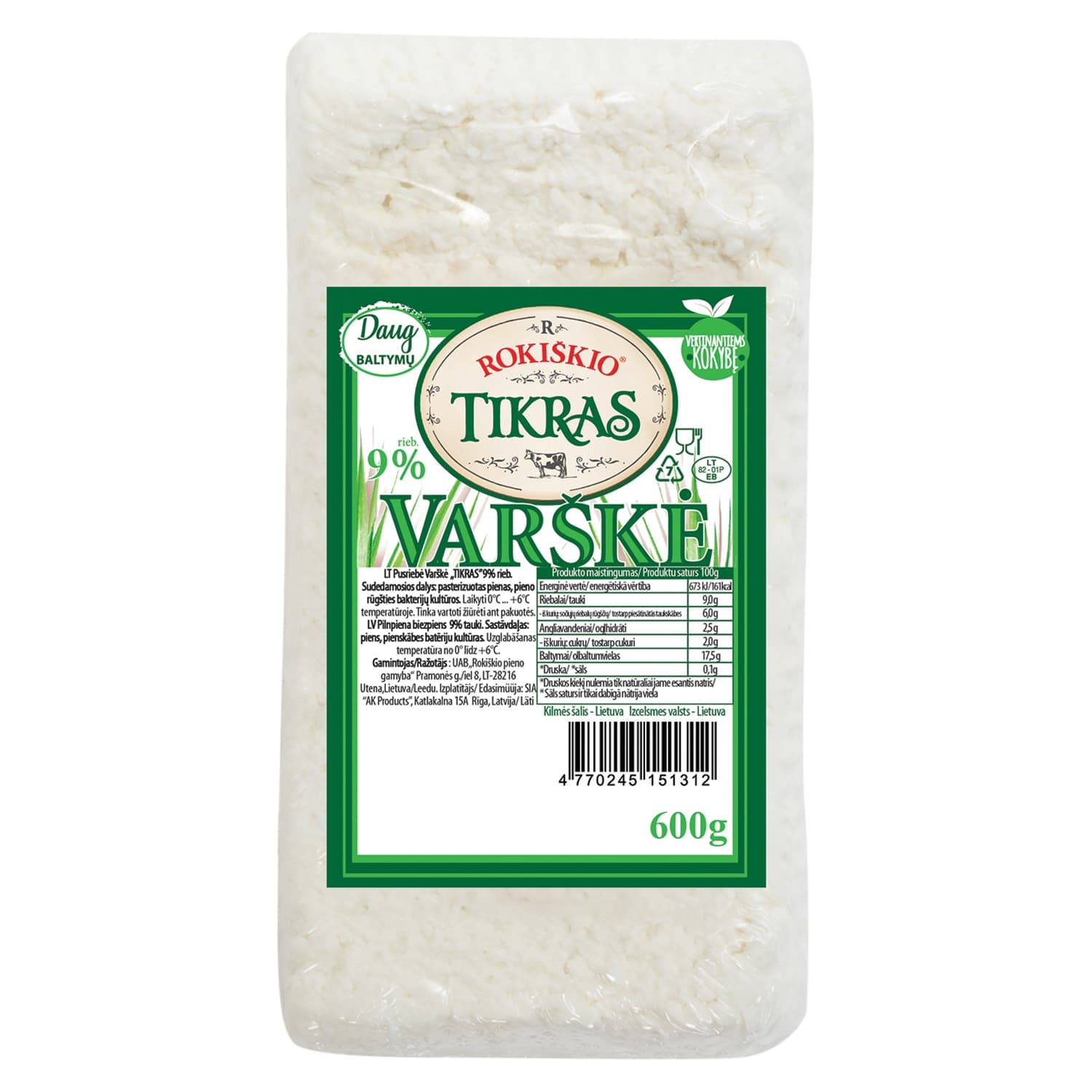 Varškė ROKIŠKIO TIKRAS, 9 %, 600 g