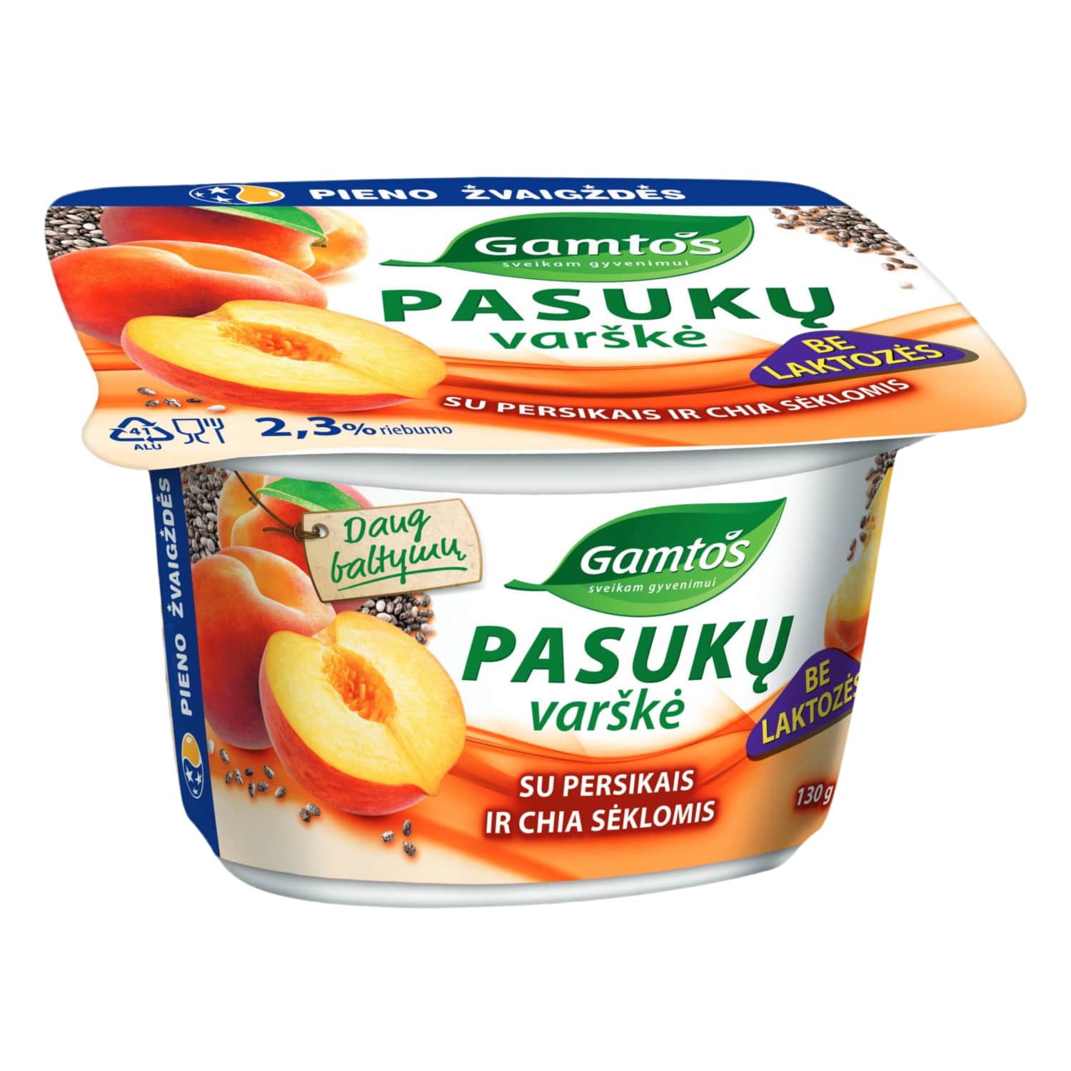 Pasukų varškė persik. GAMTOS, 2,3 %, 130 g
