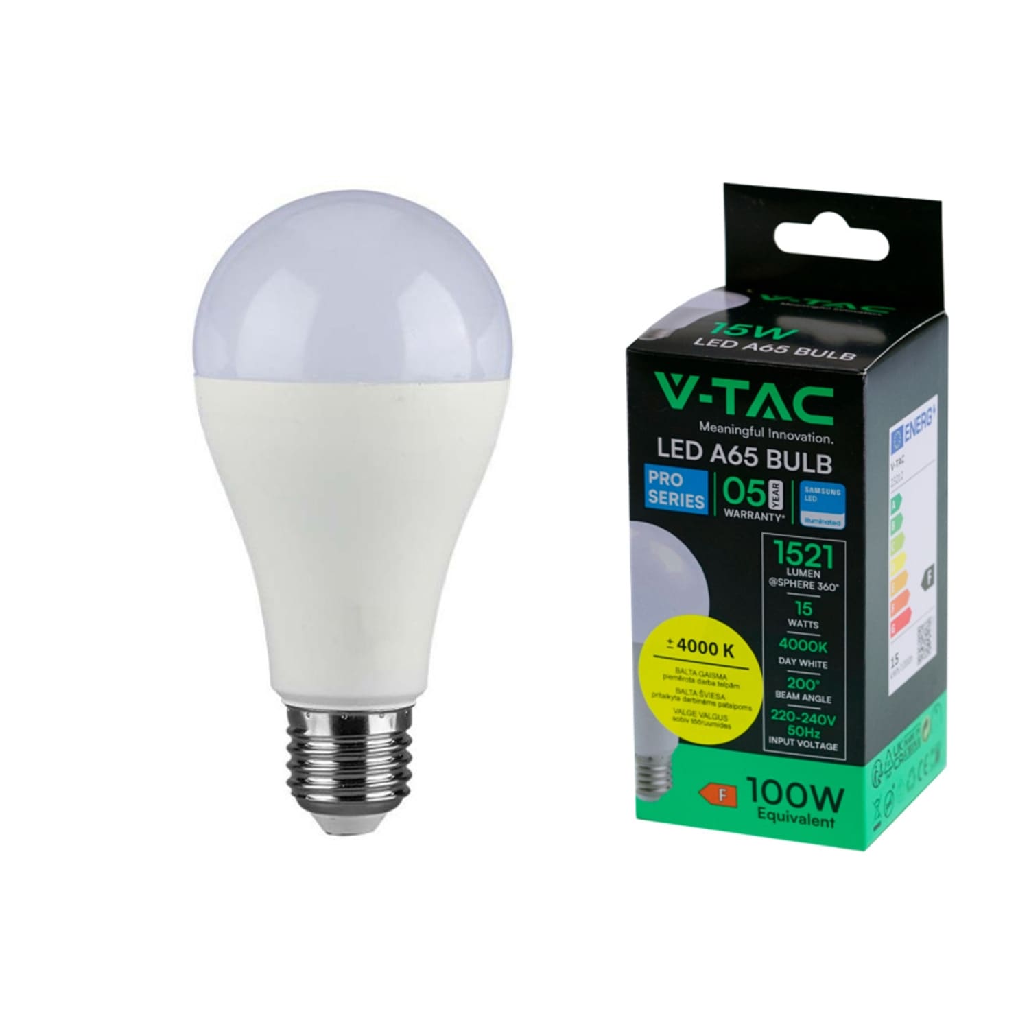 LED lemputė V-TAC E27 A65 15W 4K VT-SMG2015