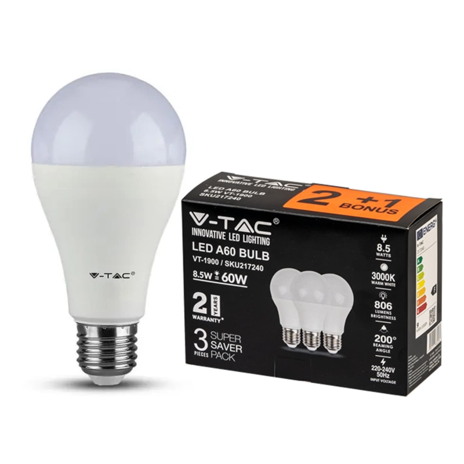 LED spuldze VT1900 2+1, E27/A60, 8.5W/3K