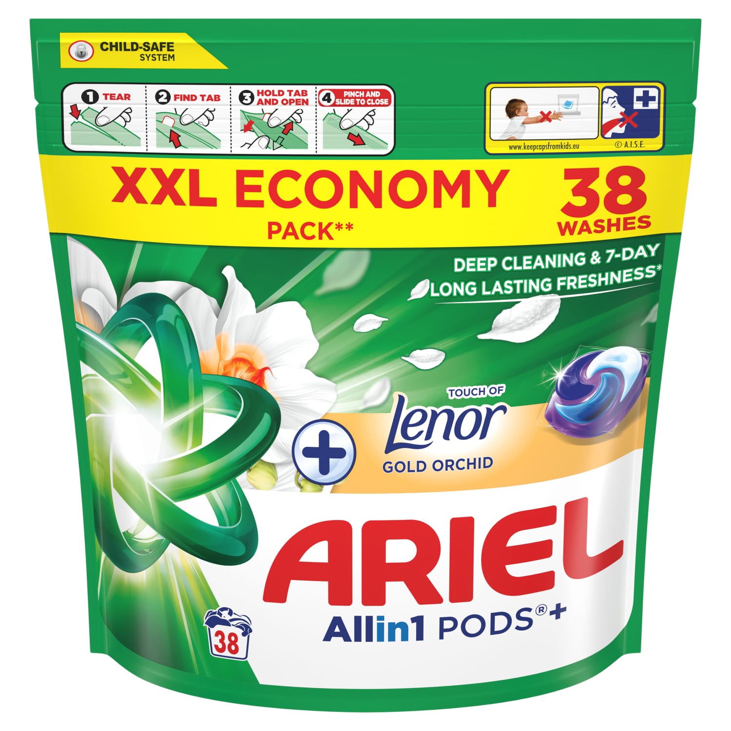 Veļas mazgāš.kaps.Ariel Gold Orchid 38gab.
